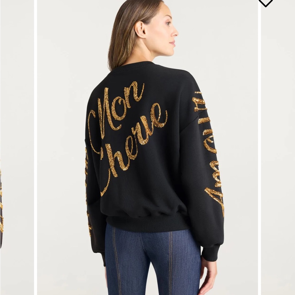 CINQ A SEPT CRUSHED GOLD SEQUIN LOVE LETTER BLACK SWEATER XS NWT